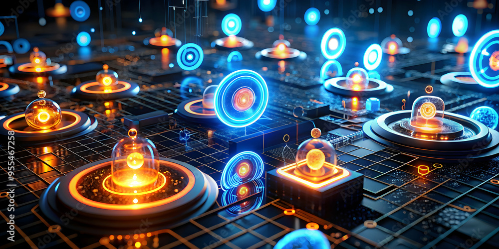Poster abstract digital network: a mesmerizing 3d rendering of a futuristic network with glowing orbs and c