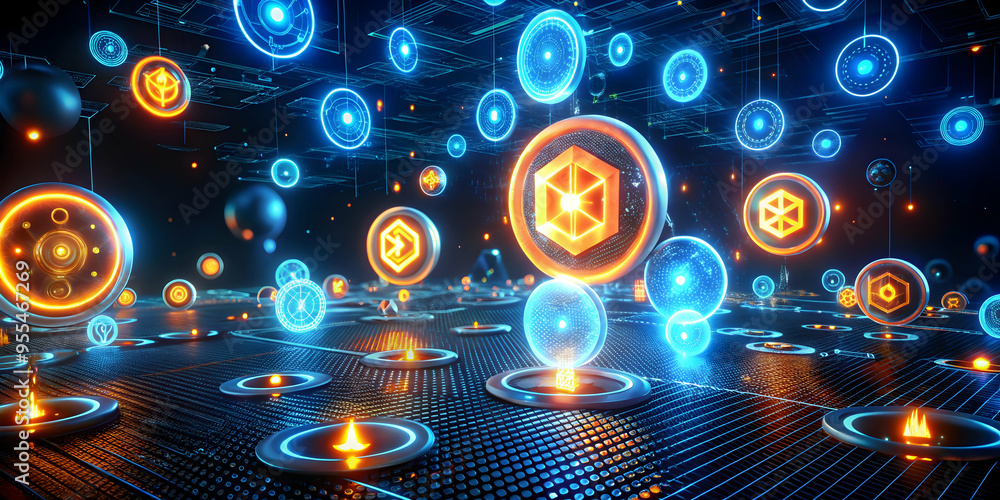 Poster abstract digital network: a mesmerizing 3d rendering of a futuristic network with glowing orbs and c
