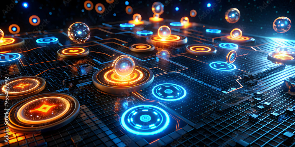 Poster abstract digital network: a mesmerizing 3d rendering of a futuristic network with glowing orbs and c