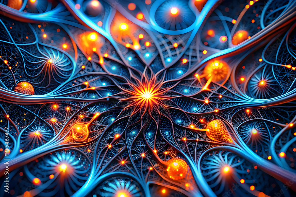 Poster neural network glow: a vibrant, intricate 3d render of a neural network ablaze with energy, symboliz