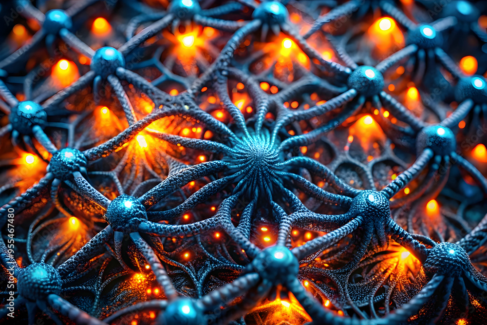 Poster neural network glow: a vibrant, intricate 3d render of a neural network ablaze with energy, symboliz