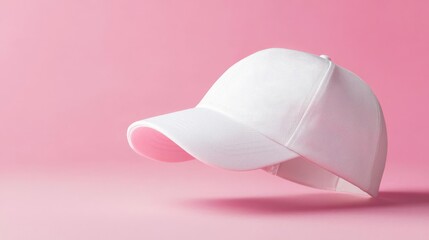 Modern baseball cap with curved brim, high detail fabric texture, floating in mid-air, isolated on pastel background, design placeholder