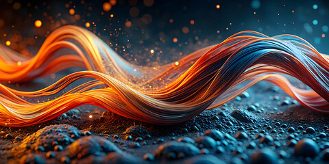 Abstract Waves of Energy: An ethereal dance of vibrant orange and blue hues, swirling in a dynamic abstract composition.  Glittering light particles illuminate the depths