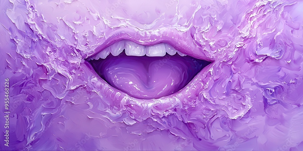 Poster abstract representation of an open mouth, blending shades of purple with textured elements, evoking 