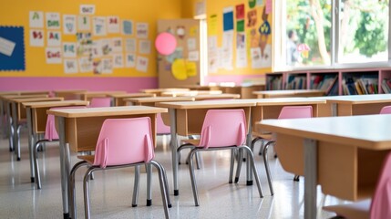 classroom with bright, colorful walls, posters of the alphabet