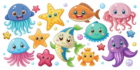 Cute Cartoon Sea Creatures Jellyfish, Fish, Starfish, Octopus, Digital Illustration, Ocean Life, Sea Animals