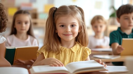 group of children sitting at their desks, opening brand new textbooks