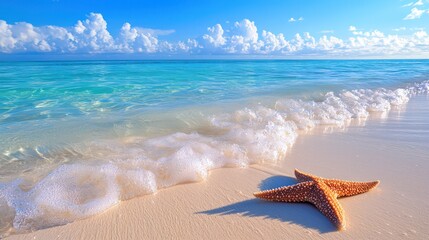 Tropical Beach with Starfish: Pristine beach with a starfish, crystal-clear water, and gentle wave.
