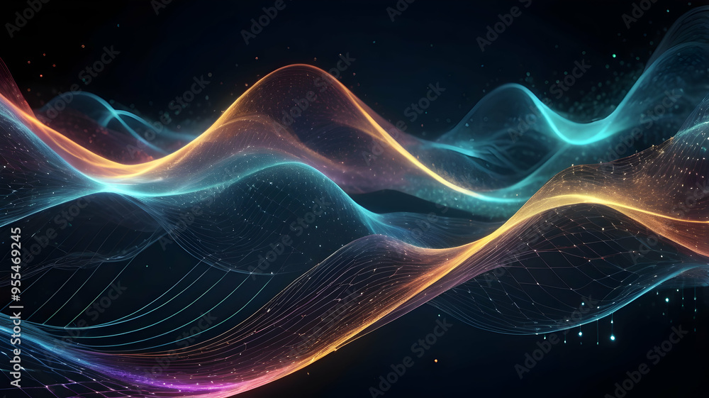 Aufkleber abstract digital waves: vibrant abstract digital waves with glowing lines and particles, flowing acr