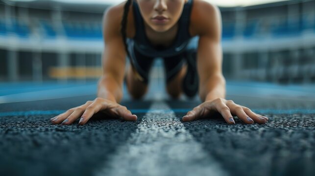 Female athlete in starting position on race track, preparing for a competitive run, focusing on cardio, fitness, and marathon challenges