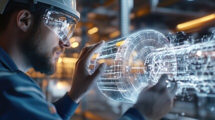 technician using a holographic interface to control pipeline operations, with detailed 3D models of the pipeline network
