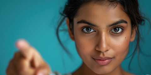 Portrait of a motivated woman pointing, expressing happiness and inspiration against a blue studio...