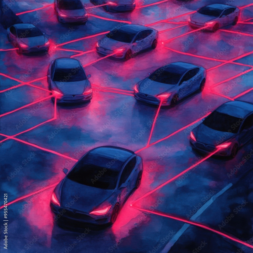 Poster a dynamic scene of multiple evs linked by a web of glowing electric connections, emphasizing network