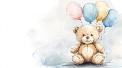 Watercolor-style illustration of a large teddy bear with balloons, perfect for birth announcements.