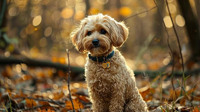Adventurous doxiepoo explores colorful autumn forest during sunny afternoon