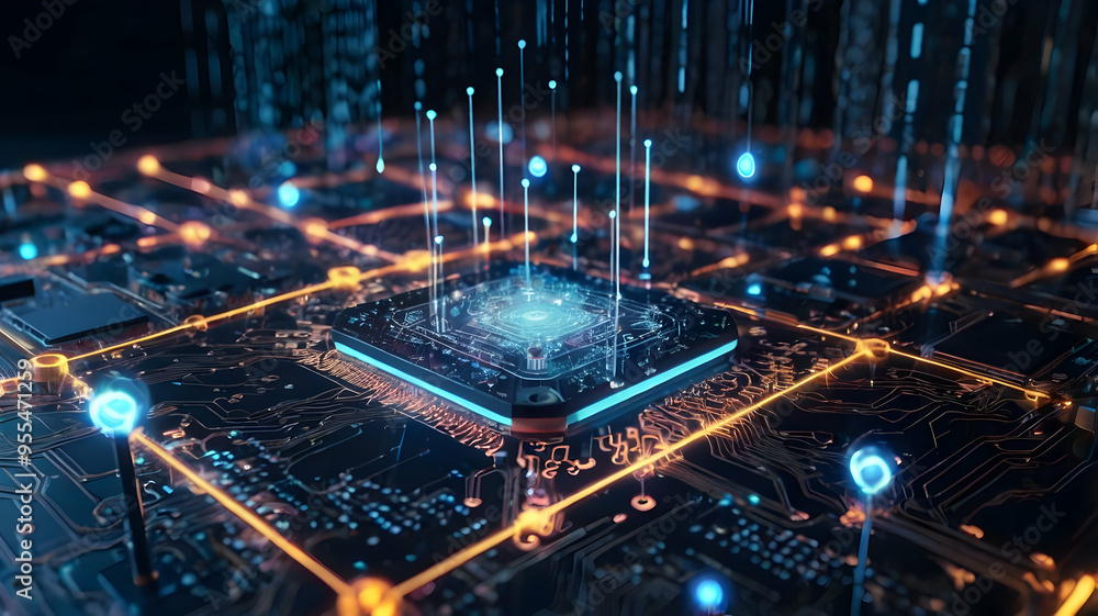Poster digital metropolis: a cpu pulses with energy, illuminated pathways of data flowing like a futuristic
