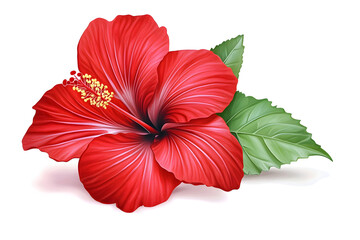 Obraz premium Red hibiscus flower and leaf isolated on white background