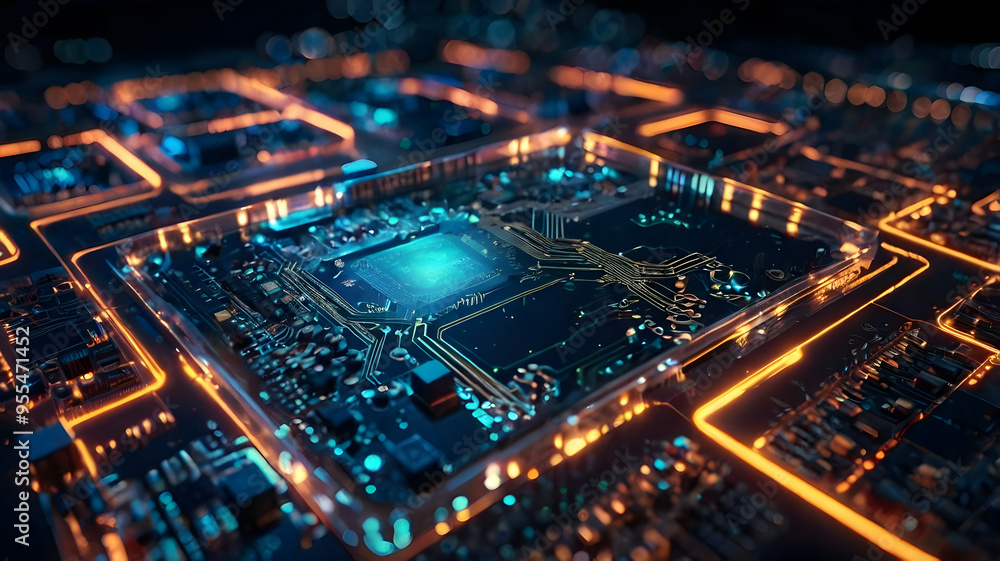 Poster digital brain: glowing circuitry - a close-up of a motherboard, its cpu illuminated, symbolizing the