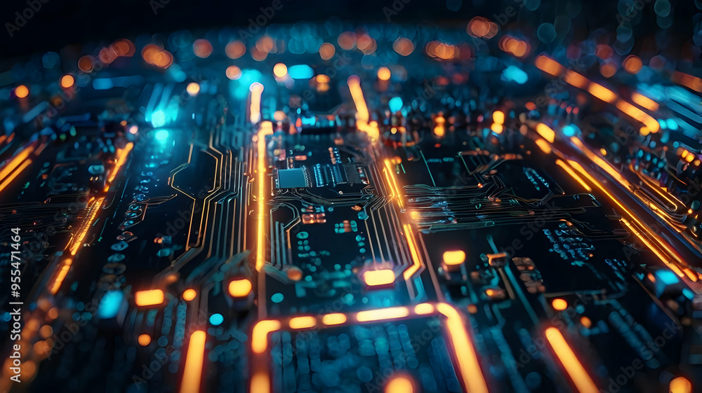 Poster digital brain: glowing circuitry - a close-up of a motherboard, its cpu illuminated, symbolizing the