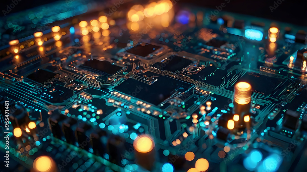 Poster digital brain: glowing circuitry - a close-up of a motherboard, its cpu illuminated, symbolizing the