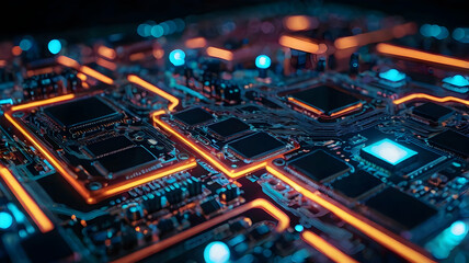 Digital Brain: Glowing Circuitry - A close-up of a motherboard, its CPU illuminated, symbolizing the power and complexity of modern technology. 