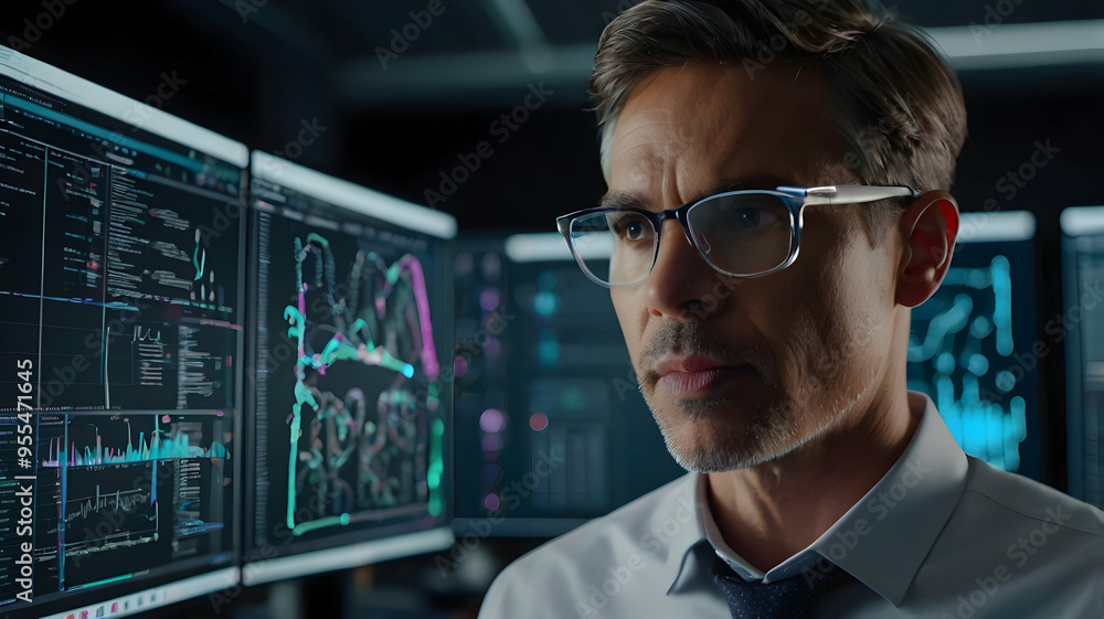 Poster mastermind at work: a data scientist immersed in a symphony of code and charts, deciphering insights