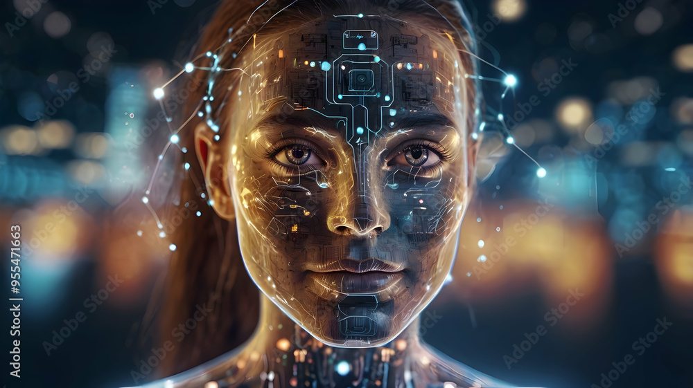 Poster cybernetic gaze: a hyperrealistic portrait of a female android with piercing blue eyes, intricate ci