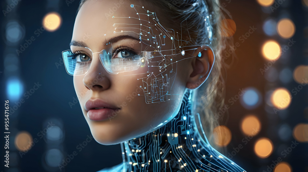Poster cybernetic gaze: a hyperrealistic portrait of a female android with piercing blue eyes, intricate ci