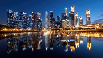 Obraz premium City skyline landscape panorama with a river and reflections of skyscrapers