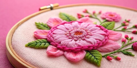 Embroidered Pink Flower Close-up in a Wooden Hoop, embroidery, needlework, flower design, crafting