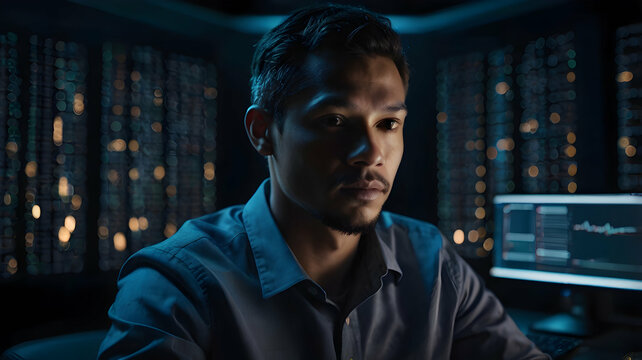 Code Breaker: A young, determined programmer sits in a dimly lit room, his face illuminated by the glow of his computer screen. Lines of code flicker across the monitor as he works diligently, his foc