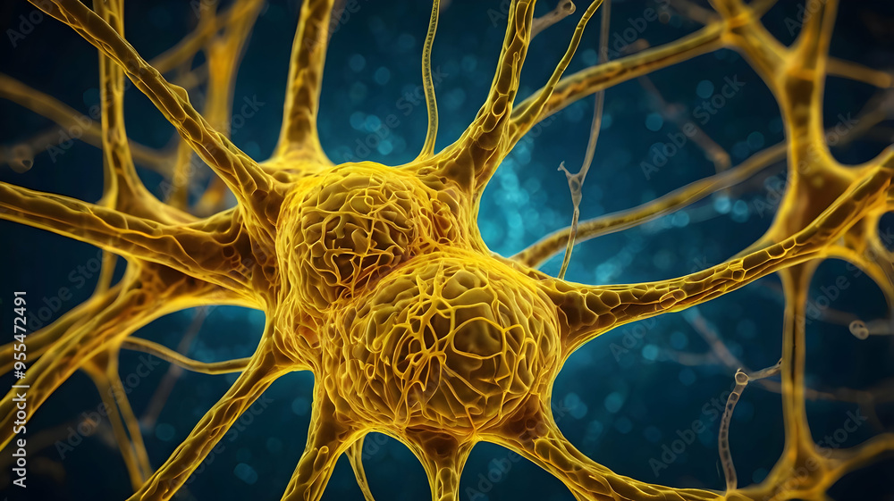Poster the golden labyrinth: a 3d render of a neuron, highlighting its intricate structure and the complex 