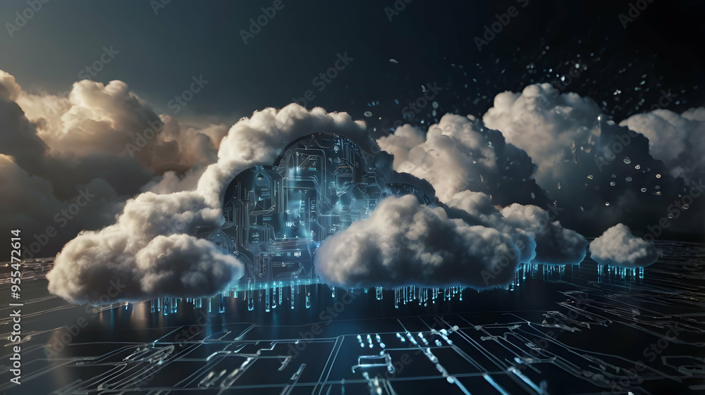 Poster data above the clouds: a digital brain nestled within a network of clouds, visualizing the power and