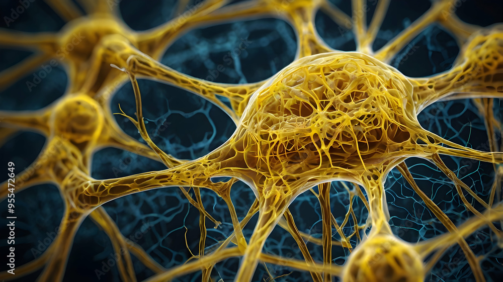 Poster the golden labyrinth: a 3d render of a neuron, highlighting its intricate structure and the complex 