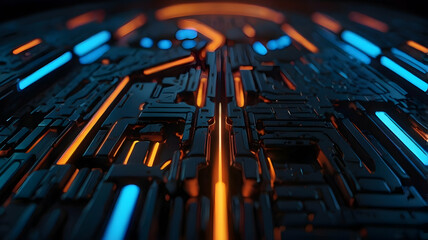 Obraz premium Circuitry Glowing: A close-up shot of a circuit board bathed in vibrant neon orange and blue light, showcasing the intricate network of pathways and components. The image evokes a sense of technologi