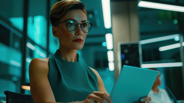 Business professional reviewing financial feedback on a tablet and laptop, focusing on investment data analysis, trading strategies in various markets, and cryptocurrency options