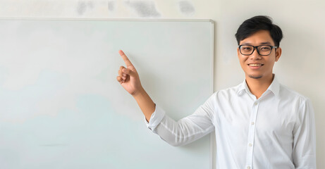 Fototapeta premium Smiling asian young man in a white shirt pointing at a whiteboard, ideal for educational presentations, business training, or instructional content