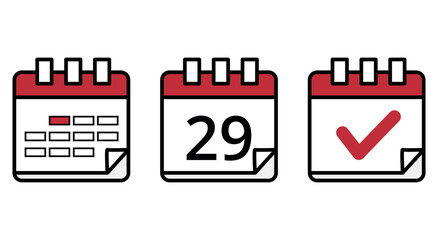 Simple flat icons of calendars in different designs, calendar icon with specific day marked, day 29.