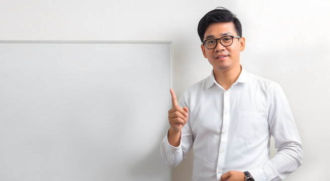 Smiling asian man in glasses and a white shirt pointing up at a whiteboard, ideal for use in educational presentations, business training sessions, or instructional content