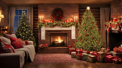 living room decorated for Christmas, featuring a cozy fireplace, a beautifully decorated Christmas tree, and wrapped presents.