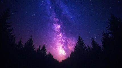 Fototapeta premium Stunning Milky Way Galaxy Over Pine Forest Silhouette: Breathtaking Night Sky Landscape Photography for Stargazers and Nature Lovers