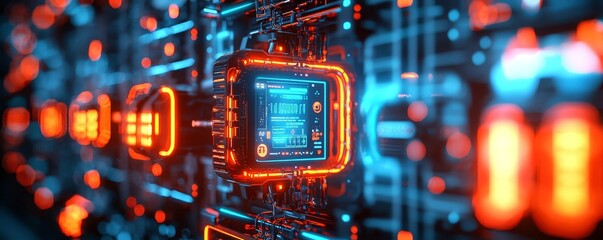 Cybernetic Data Core Red and Blue Neon Glow, Futuristic Tech, 3D Render, Digital Art, Sci-Fi, Technology, Cyberpunk