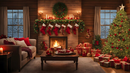 A warm and inviting living room decorated for Christmas, featuring a cozy fireplace, and wrapped presents.