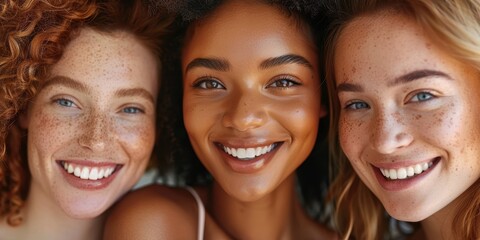 Celebrating the joy and beauty of women with radiant smiles, focusing on skincare and wellness in an elegant setting, highlighting natural makeup and healthy skin