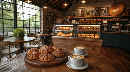 Cozy Cafe Table Two Latte Art Cups Golden Pastries on Wooden Platter Blurred Bakery Display in Background