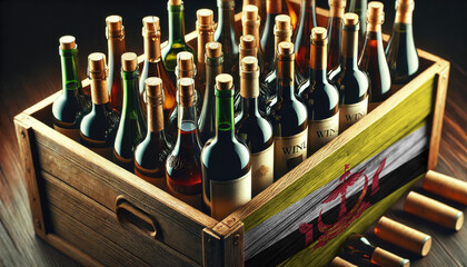 A wooden crate filled with assorted wine bottles, adorned with the Brunei flag, symbolizing the rich tradition and diversity of wine industry.