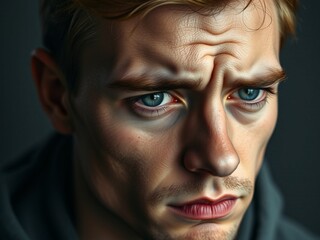 Obraz premium Stunning high resolution photos of a handsome, upset young man with sad gray almond eyes, this is much more than just disappointment. Photos that capture the essence of the moment