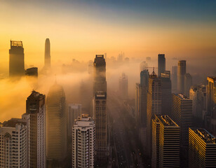Obraz premium Golden sunrise illuminating skyscrapers emerging from a blanket of fog in jakarta, indonesia