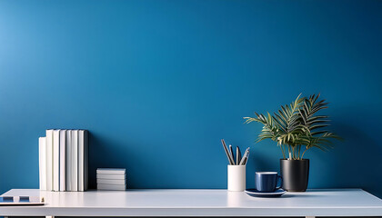 Sleek office desk with work essentials and gadgets on a contemporary blue backdrop. Business