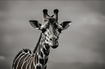 Obraz premium World wildlife day. portrait of a giraffe in close-up on a monochrome background. free space for text